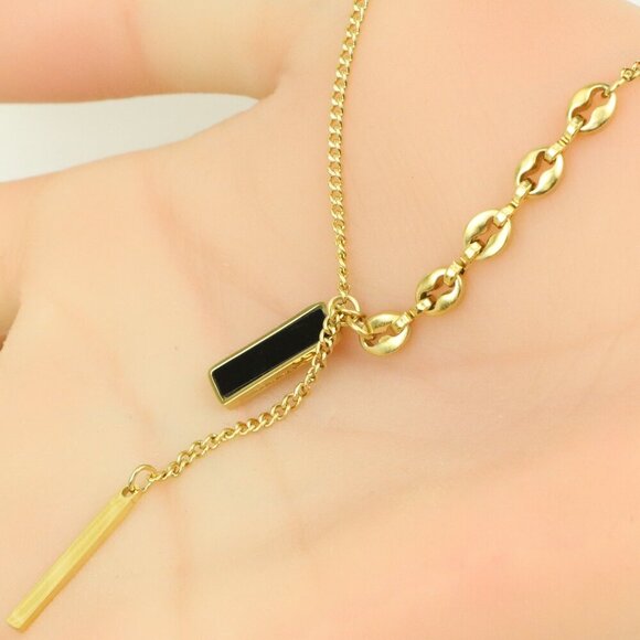 Gold Plated Dual Bar Drop Necklace with Bold Link Detail, XPNL0388 - Picture 1 of 13